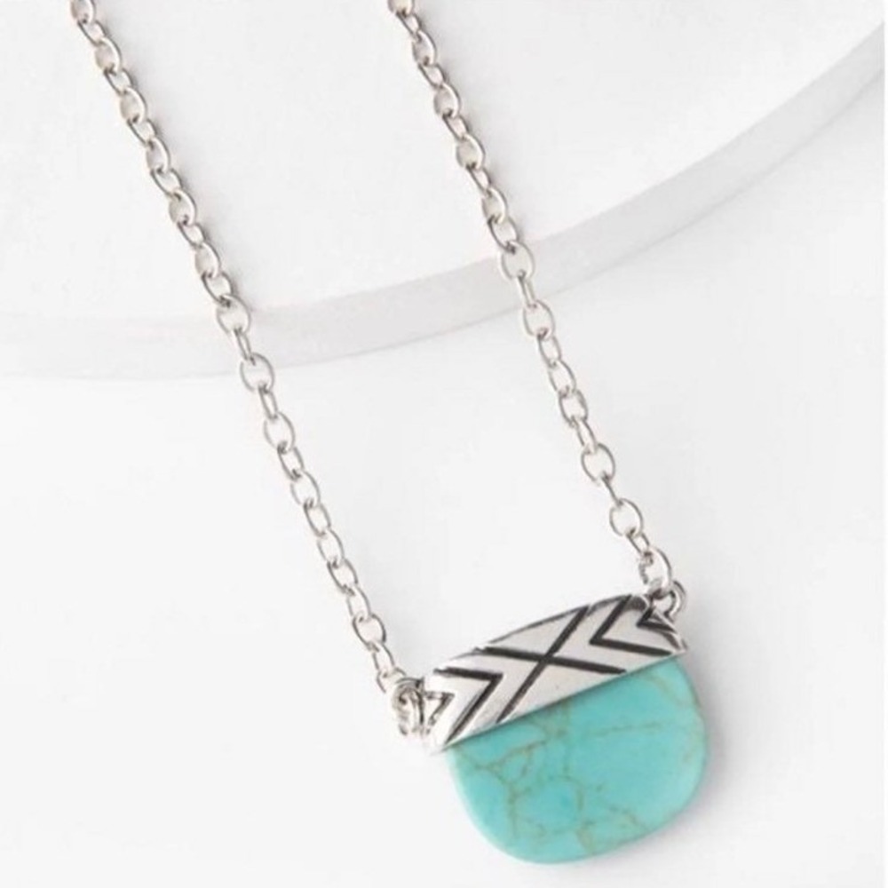 Plunder Lonnie Necklace Turquoise Stone Pendant Geometric Chevron Boho Jewelry